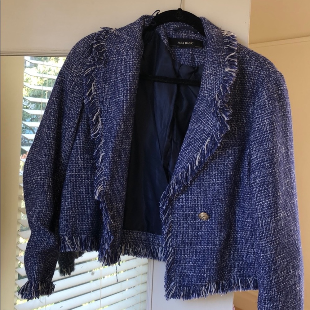 Zara Basic Blue One Button Blazer With Fringe - image 1